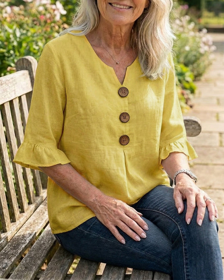 MADISON | V-NECK BLOUSE WITH WOODEN BUTTONS AND RUFFLE SLEEVES