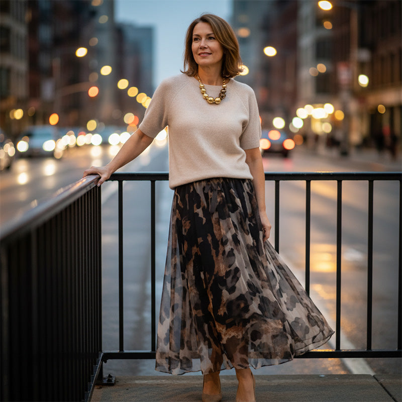 VELESSA | LEOPARD FLOWY SKIRT AND SWEATER SET