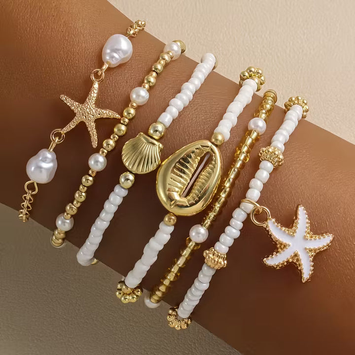 CORALIA | COASTAL GOLD &amp; PEARL BRACELET SET OF 6