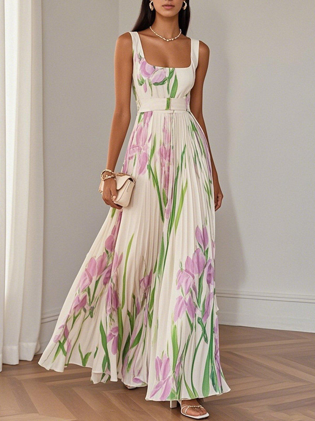 MARIE | WHITE PLEATED FLORAL CHIFFON MAXI DRESS