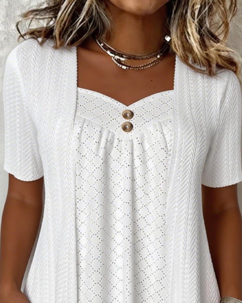 LILY | PATCHWORK FAUX LAYER SQUARE CUTOUT COLLAR BLOUSE