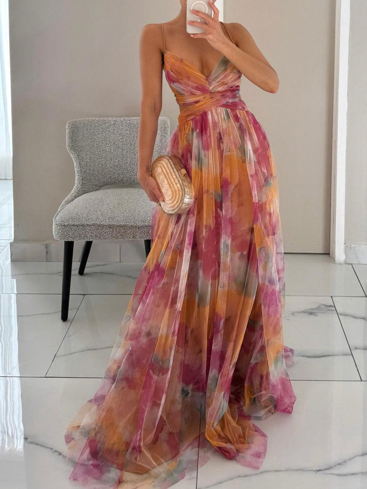 KAREN | PAINTED FLORAL PRINT V-NECK MAXI DRESS