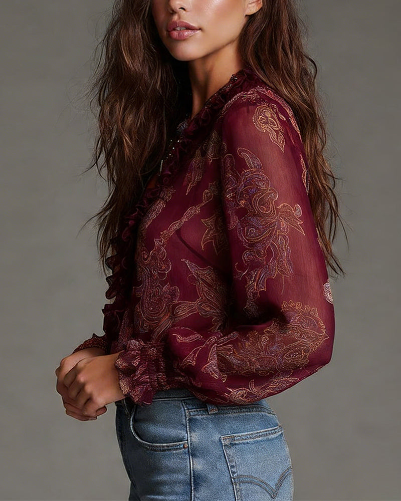 EMMA | RETRO RUFFLE HALF-ZIP BLOUSE