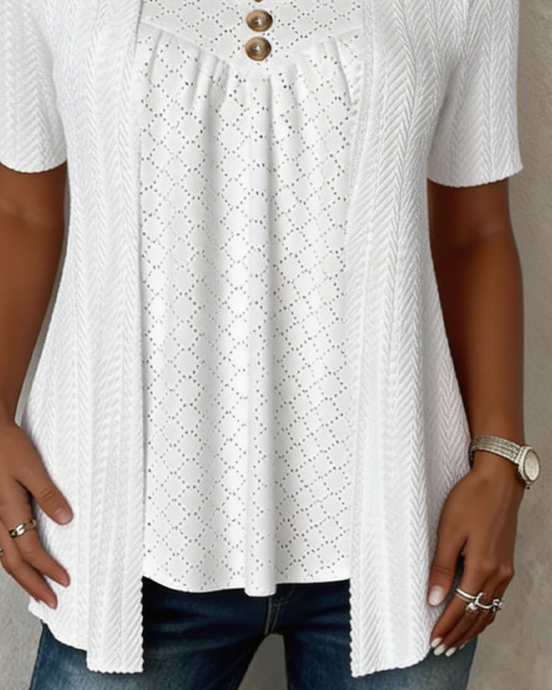 LILY | PATCHWORK FAUX LAYER SQUARE CUTOUT COLLAR BLOUSE