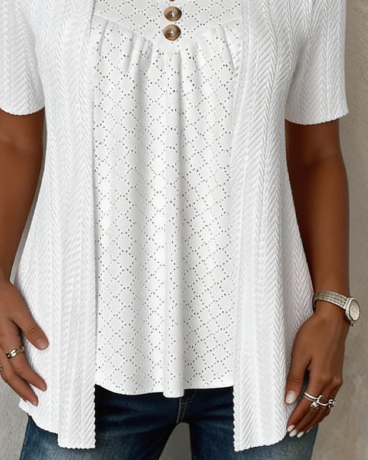 LILY | PATCHWORK FAUX LAYER SQUARE CUTOUT COLLAR BLOUSE