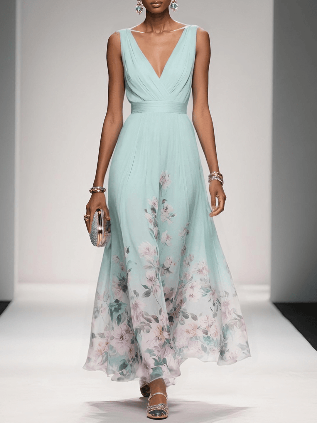 ROSE | LIGHT BLUE FLORAL CHIFFON V-NECK MAXI DRESS