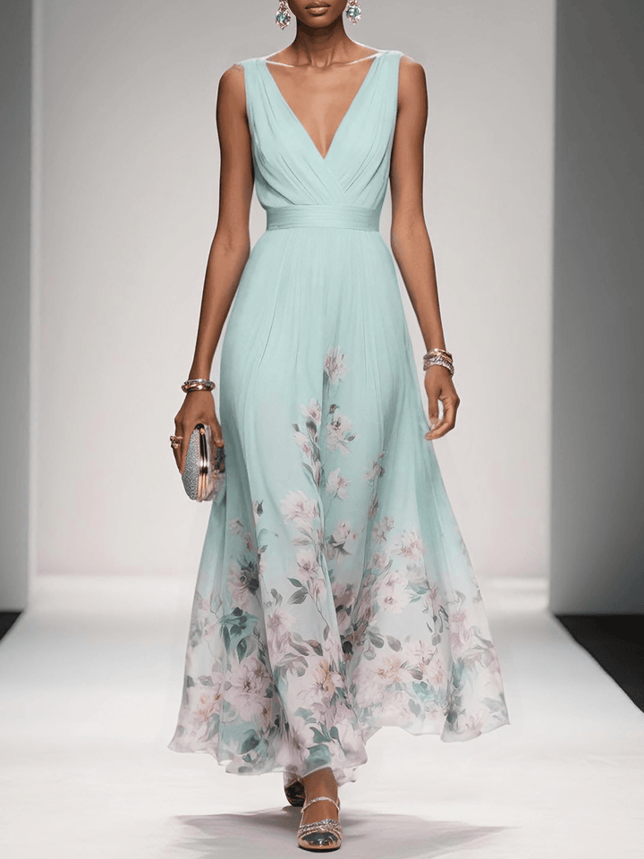 ROSE | LIGHT BLUE FLORAL CHIFFON V-NECK MAXI DRESS