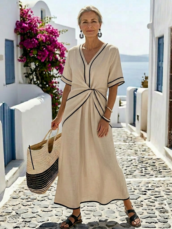 LINNEA | V NECK SHORT SLEEVE GATHERED WAIST MIDI DRESS