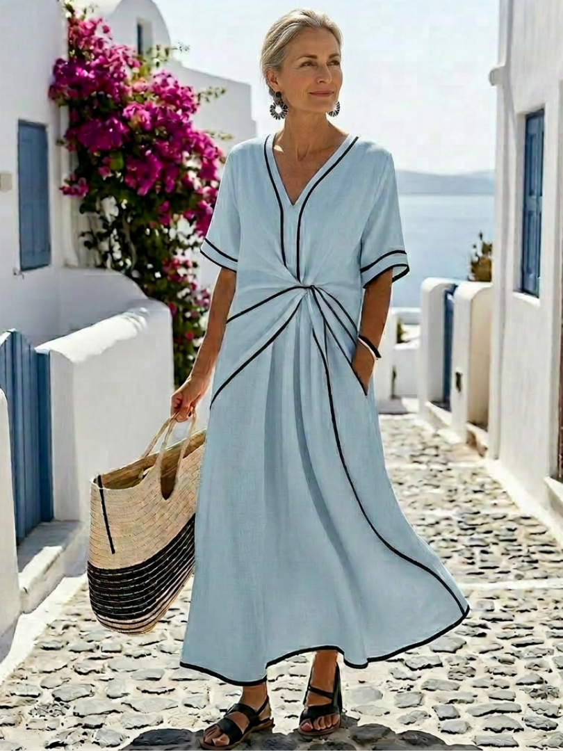 LINNEA | V NECK SHORT SLEEVE GATHERED WAIST MIDI DRESS