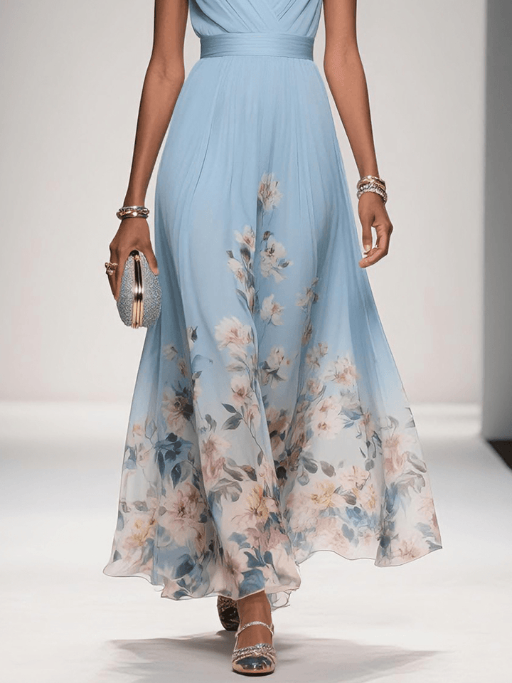 ROSE | LIGHT BLUE FLORAL CHIFFON V-NECK MAXI DRESS