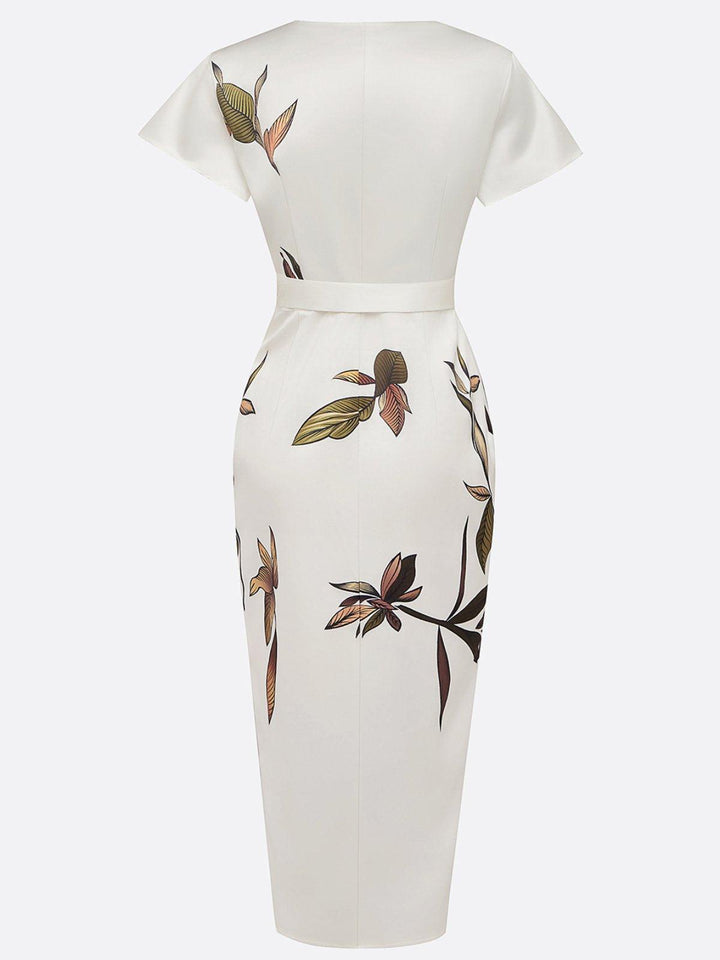 JUDY | WHITE LEAF SHORT SLEEVE SATIN MIDI DRESS