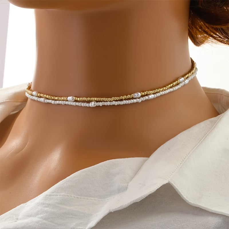 JOSIE | LAYERED GOLD &amp; PEARL BEADED NECKLACE SET