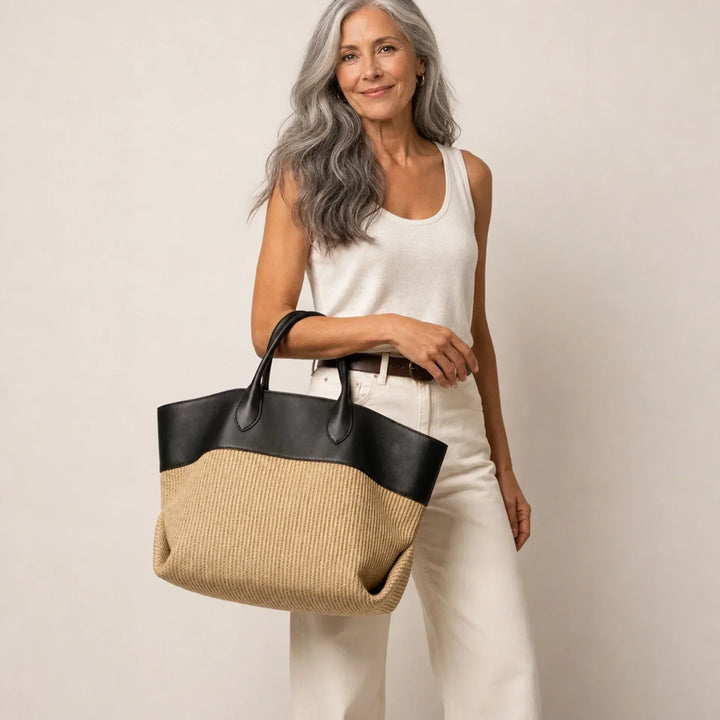 COLETTE | BLACK COLOURBLOCK WOVEN TOTE BAG