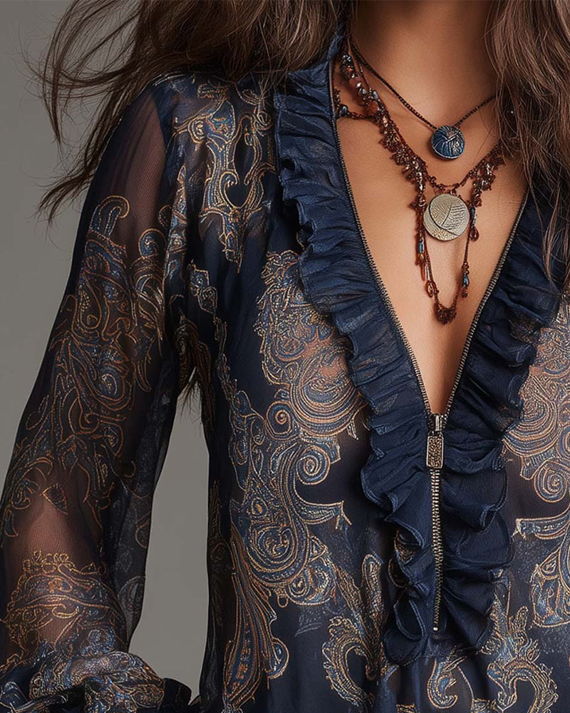 EMMA | RETRO RUFFLE HALF-ZIP BLOUSE