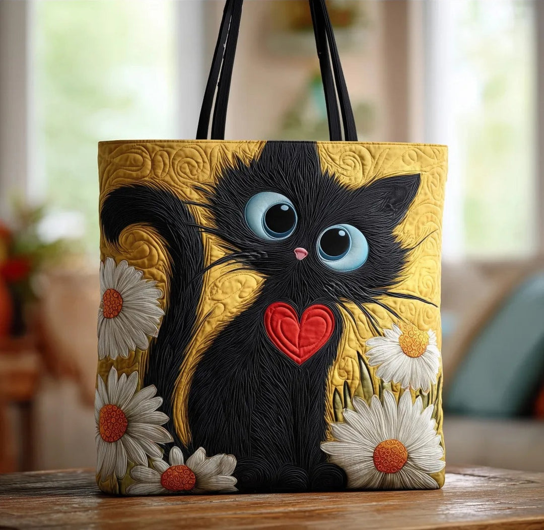 PIPER | HANDCRAFTED BLACK CAT BAG WITH HEART AND DAISIES